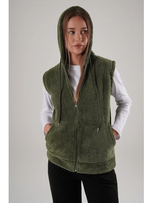 Kozz Style Haki Kapşonlu Fermuarlı Peluş Yelek