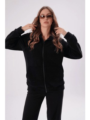 Kozz Style Siyah Dikyaka Cepli Fermuarlı Peluş Ceket