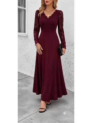 Gökyüzü Moda Kadın Uzun Kollu Dalgalı V Yakalı Dantelli Uzun Janjan Krep Elbise