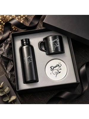 Bk Gift Kişiye Özel Isimli Siyah Cam Suluk & Seramik Kupa & Mdf Bardak Altlığı - 3'lü Hediye Kutulu Set-4