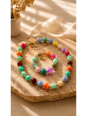 Dore Collection Kolye ve Bileklik Seti - Renkli Top Boncuk Marin Set