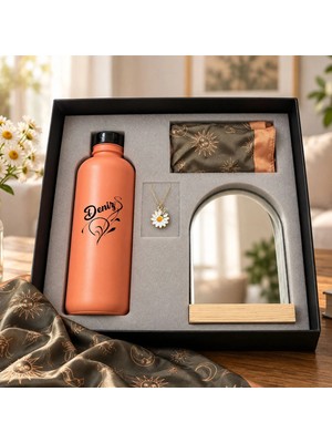 Bk Gift Kişiye Özel Isimli Turuncu Cam Suluk & Papatya Kolye & Ayna & Fular - Özel Hediye Kutulu Set-4