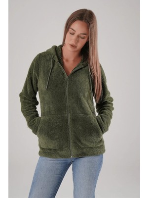 Kozz Style Haki Kapşonlu Peluş Ceket Hırka