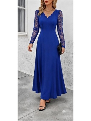 Gökyüzü Moda Kadın Uzun Kollu Dalgalı V Yakalı Dantelli Uzun Janjan Krep Elbise