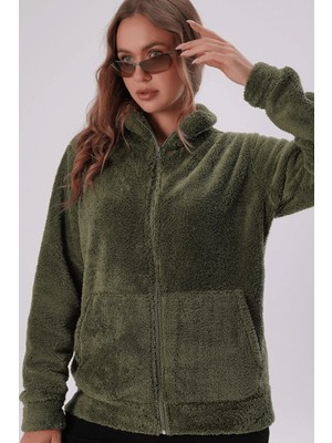 Kozz Style Haki Dikyaka Cepli Fermuarlı Peluş Ceket