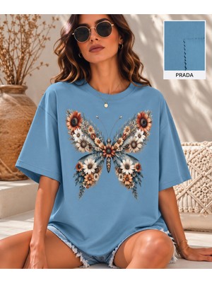 Velaura Studio Vintage Ayçiçeği Kelebek Baskılı Oversize Kadın T-Shirt