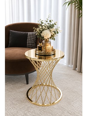 Tekli Hasır Yan Sehpa, Gold Ayak Bronz Ayna
