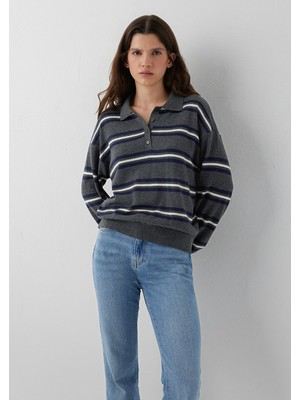 Mavi Uzun Kollu Kazak Mid Grey Melange Stripe