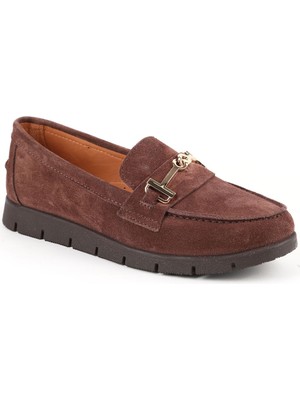Libero L076.5604-6 Hakiki Süet Deri Gold Metal Tokalı Kalın Tırtıklı Esnek Eva Taban Kadın Comfort Loafer
