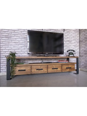 Deryawood Modern Tasarımlı Masif Ahşap Çekmeceli TV Ünitesi 45x180x55 cm Açık Ceviz Renk