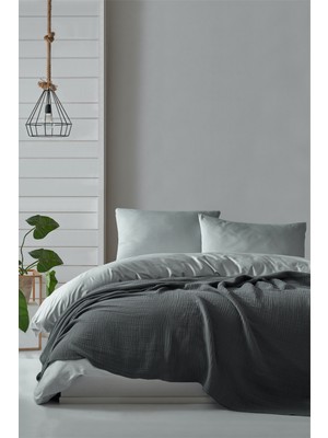 Berolige 4 Kat Müslin Pamuklu Battal Pike Yatak Örtüsü 220 x 230 cm Yastıksız Antrasit Renk Düz Tema