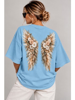 Velaura Studio Vintage Çiçekli Melek Kanadı Sırt Baskılı Oversize Kadın T-Shirt