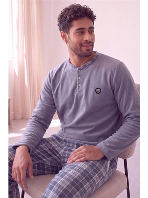Füme Ekose Desenli polar erkek pijama takımı