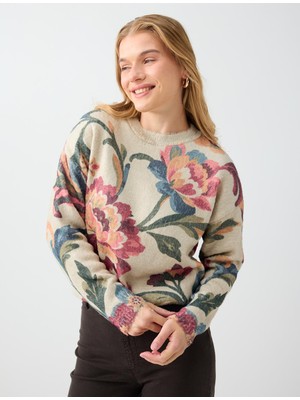 Jimmy Key Ekru Floral Desenli Bisiklet Yaka Triko Kazak