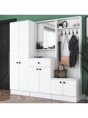 Rani P6 Modern Çekmeceli Aynalı Portmanto Ayakkabılık Vestiyer Beyaz M3