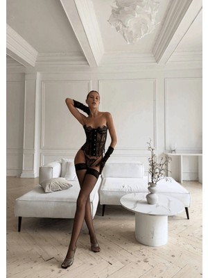 Gece İncisi Siyah Dantel Detaylı Eldivenli Private Büstiyer Takım
