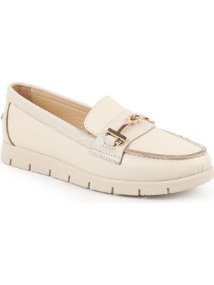 Libero L076.5604-6 Hakiki Floter Deri Gold Metal Tokalı Kalın Tırtıklı Esnek Eva Taban Kadın Comfort Loafer