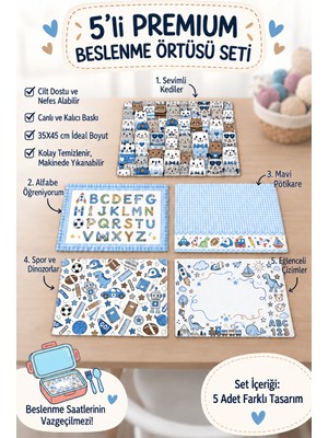 Cango Home Premium 5'li Yıkanabilir 35X45CM Beslenme Örtüsü Seti Okul ve Bebek Için Uygundur 5CGBS100