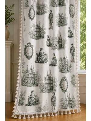 Luxoras Home Yeşil Fransız Şato Desenli Fon Perde Kornişli 3 Kenar Püsküllü Vintage Country Perde (En x Boy)