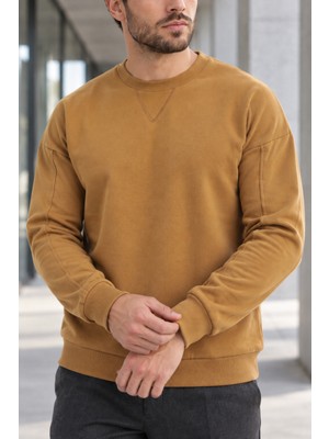 Polo State Erkek Bisiklet Yaka Oversize Dikiş Detaylı Basic Sweatshirt - Kahve