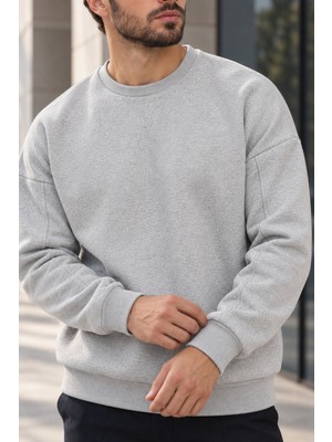 Polo State Erkek Bisiklet Yaka Oversize Dikiş Detaylı Basic Sweatshirt - Gri Melanj