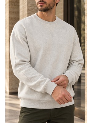 Polo State Erkek Bisiklet Yaka Oversize Dikiş Detaylı Basic Sweatshirt - Kar Melanj
