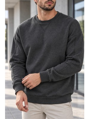 Polo State Erkek Bisiklet Yaka Oversize Dikiş Detaylı Basic Sweatshirt - Antrasit