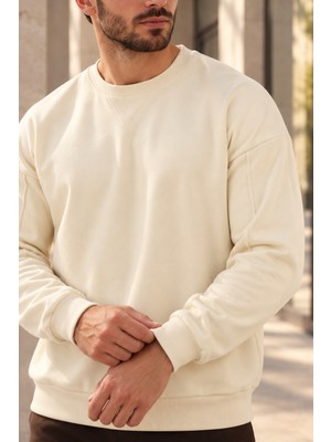 Polo State Erkek Bisiklet Yaka Oversize Dikiş Detaylı Basic Sweatshirt - Ekru
