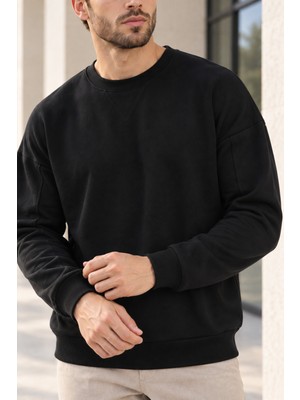 Polo State Erkek Bisiklet Yaka Oversize Dikiş Detaylı Basic Sweatshirt - Siyah
