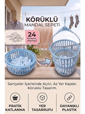 iselahome Plico Körüklü Mandal Sepeti Katlanabilir Çamaşır Mandalı Sepeti Askılı 24 Mandal Hediyeli