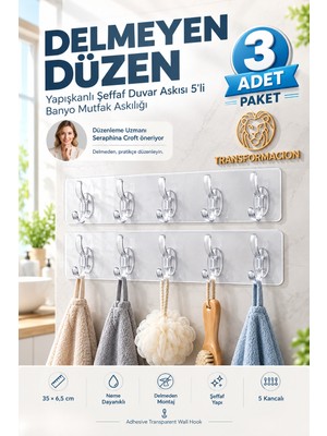 Transformacion 3 lü Sihirli Askı 5 Pinli Güçlü Yapışkanlı Şeffaf Kanca Banyo Mutfak Duvar Askılığı 718948