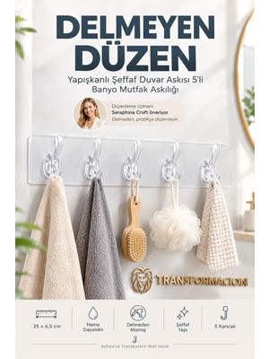 Homecare Sihirli Askı 5 Pinli Güçlü Yapışkanlı Şeffaf Kanca Banyo Mutfak Duvar Askılığı 716049