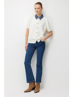 On Kadın Denim Detaylı Kısa Kollu Triko Hırka 10509 Ekru