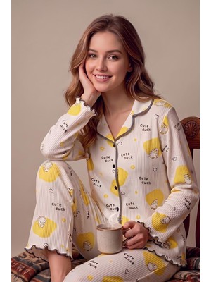 Cotonhause Kadın Uzun Kol Önden Düğmeli Raporlu Interlok Ördek Ekru Pijama Takımı C2T2N48
