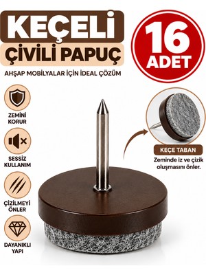 Dünya Sünger 16 Adet Keçeli Çivili Pabuç – Mobilya Sandalye Masa Ayağı Zemin Koruyucu Keçe, Çivili Kaydırmaz Ayak Koruma Aparatı Kahverengi