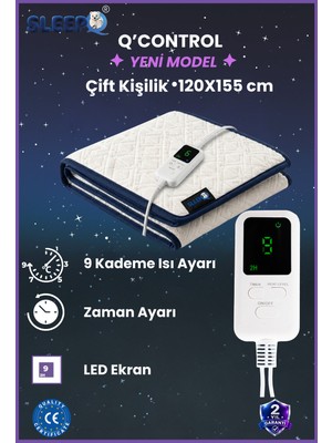 Sleep Q Q'control - 9 Kademe Isı Ayarı/zaman Ayarlı Çift Kişilik Elektrikli Alt Battaniye - 120X155 cm | Yeni Model