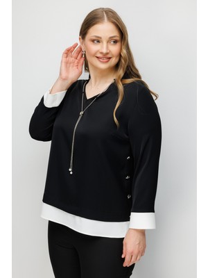 Moda İlgi Moda Ilgi Kadın Büyük Beden Kolye Detaylı Yanları Düğmeli Bluz 0074 Siyah