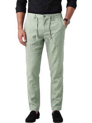 Deepsea Açık Yeşil Slim Fit Likralı Keten Dokulu Lastikli Belli Ipli Yazlık Erkek Pantolon 2603001