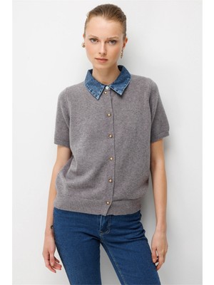 On Kadın Denim Detaylı Kısa Kollu Triko Hırka 10509 Gri