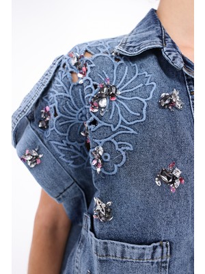 İnci Türkay Kadın Tasarım Denim Yelek Taş Boncuk Payet Işleme Detaylı Mavi Oversize Kalıp Bomber Yelek