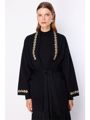 On Kadın Beli Kuşaklı Taşlı Triko Hırka 10903 Siyah