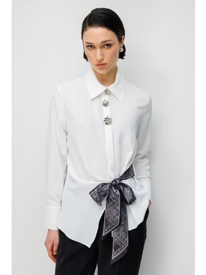 Moda İlgi Moda Ilgi Kadın Beli Fiyonklu Dokuma Kumaş Gömlek 0033 Ekru-Siyah