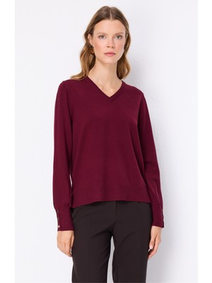 On Kadın V Yaka Basic Triko Kazak 10316 Bordo