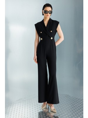 Moda İlgi Moda Ilgi Kadın Mono Yaka Kolsuz Düğme Detaylı Tulum 0708 Siyah