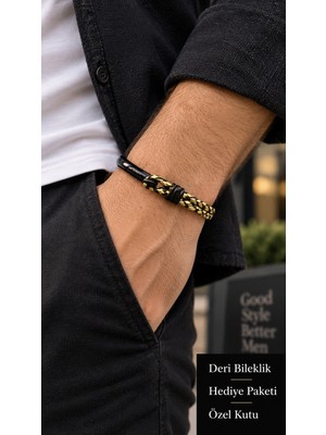 Herşey Nota Falmero Giltbraid Siyah Altın Ton Deri Erkek Bileklik - Siyah Açık Kelepçe