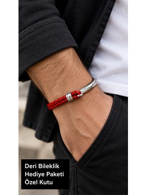 Herşey Nota Beltrano Scarletarc Kırmızı Deri Erkek Bileklik - Gümüş Ton Yarım Metal Örgü