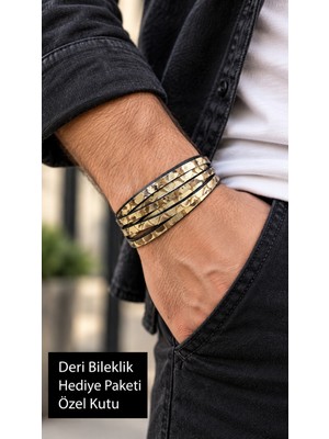 Herşey Nota Halveri Sand Bej Deri Erkek Bileklik - Çok Sıralı Desenli Dokulu Tasarım