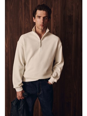Grimelange Helor Erkek Organik Pamuklu Fermuarlı Dik Yaka Ekru Sweatshirt