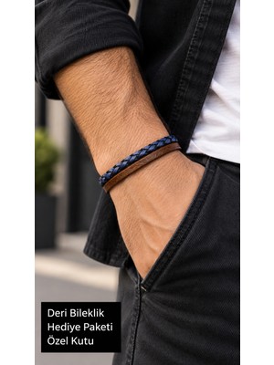 Herşey Nota Orselli Bluecross Kahverengi Lacivert Deri Erkek Bileklik - Örgü Şeritli