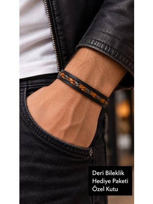 Herşey Nota Dravello Emberstitch Siyah Deri Erkek Bileklik - Turuncu Çapraz Örgü Şeritli